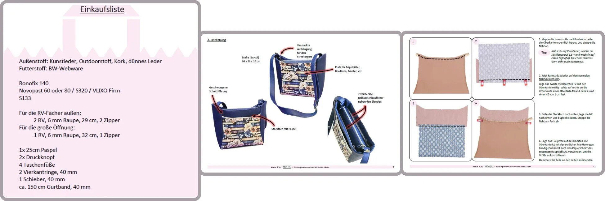 Collage aus der Anleitung zur Tasche Adelie S