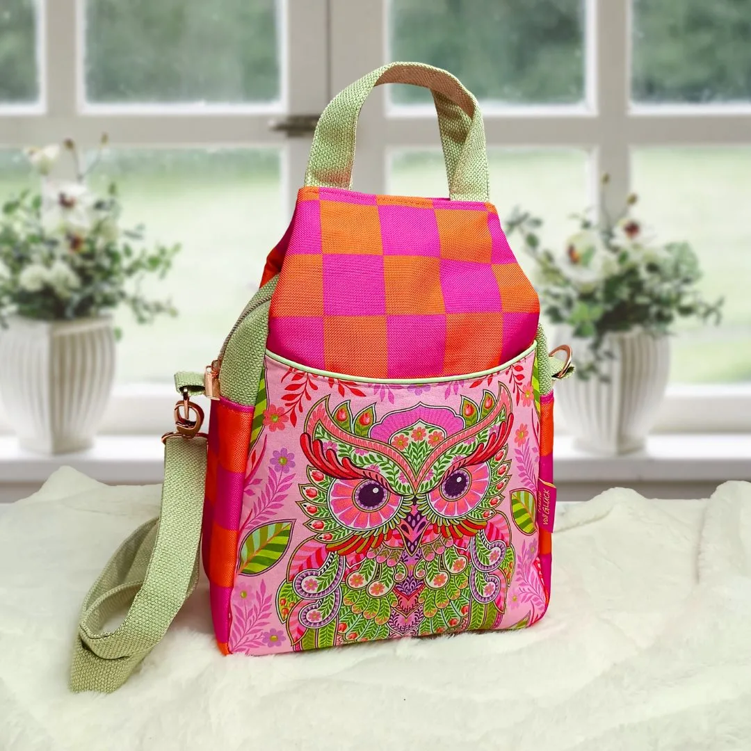 Selbst genähte Tasche mit Eulenmotiv